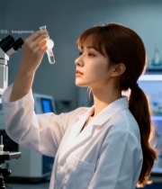  女性科研人员实验室观察试管6990#竖屏 	 