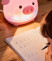  女孩在桌前使用小猪造型台灯写字1319#竖屏 	 