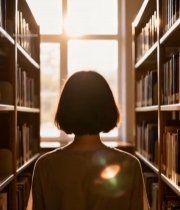  女孩在图书馆书架间背影3575#竖屏 	 