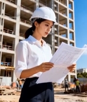  女工程师工地查看建筑图纸965#竖屏 	 