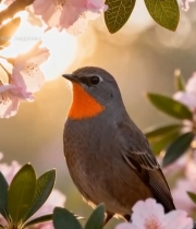  鸟儿栖息于盛开的粉色花朵间1287#竖屏 	 