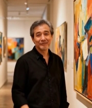  男子在美术馆竖拇指点赞2214#竖屏 	 