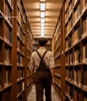  男子在图书馆书架间行走(2)6803#竖屏 	 
