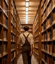  男子在图书馆书架间行走(1)2832#竖屏 	 