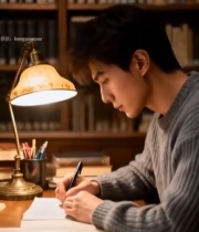  男子在书房灯下读书写字5644#竖屏 	 