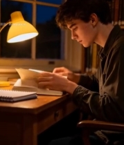  男子夜间台灯下专注看书1859#竖屏 	 