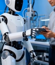  男子与机器人互动交流场景6729#竖屏 	 