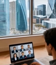  男子室内沙发上用笔记本视频会议1828#竖屏 	 