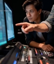  男性在工作室操作设备讨论3894#竖屏 	 