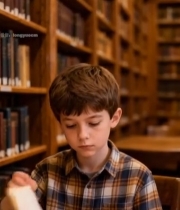  男孩在图书馆专注阅读39#竖屏 	 