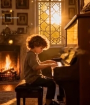  男孩室内钢琴前弹奏3045#竖屏 	 