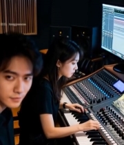  男女在录音室操作设备2084#竖屏 	 