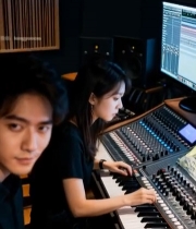  男女在录音室操作设备2084#竖屏 	 