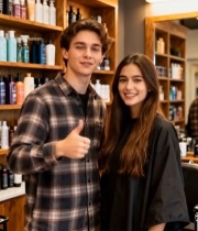  男女在理发店合影6993#竖屏 	 