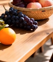  木桌竹篮中摆放的新鲜水果6946#竖屏 	 