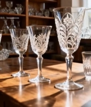  木桌摆放精美花纹玻璃杯6016#竖屏 	 