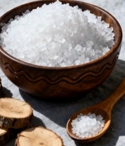  木碗中盛放的白色晶体食材5920#竖屏 	 