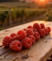  木桌上摆放的树莓与田园夕阳3953#竖屏 	 