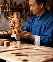  木雕匠人手持木雕作品(2)3177#竖屏 	 