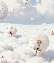  棉花地中蒲公英与白云背景7384#竖屏 	 