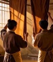  两人室内晾晒布料场景7025#竖屏 	 