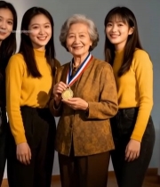  老人与年轻女性合影手持奖章7226#竖屏 	 