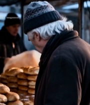  老人在摊位前看面包7132#竖屏 	 