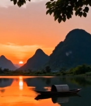  漓江山水日落小船景致6370#竖屏 	 