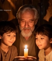  老人与孩童共持蜡烛温馨场景7075#竖屏 	 