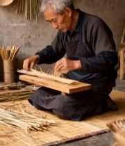  老人专注进行竹编手工艺4409#竖屏 	 