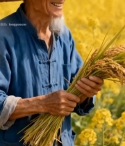  老农稻田手持稻谷微笑5469#竖屏 	 