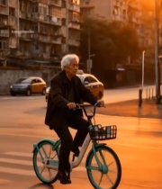  老人城市街道骑行共享单车1079#竖屏 	 