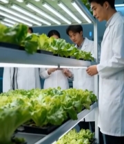  科研人员观察室内蔬菜种植5936#竖屏 	 