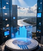  科技感城市高楼与数据图表景观7571#竖屏 	 