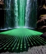  科技感瀑布与二进制代码背景7435#竖屏 	 