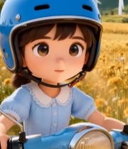  卡通女孩骑蓝色摩托车田园场景4234#竖屏 	 