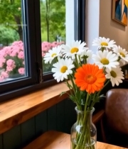  咖啡店窗边咖啡与插花场景5886#竖屏 	 