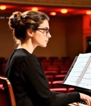  剧院中女子专注弹钢琴880#竖屏 	 