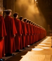  教堂内穿红衣人群整齐站立4942#竖屏 	 