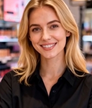  金发女子在美妆店微笑特写4581#竖屏 	 