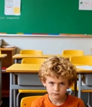  教室里表情严肃的小男孩154#竖屏 	 