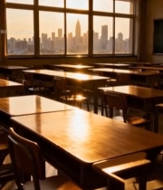  教室夕阳下城市景观3241#竖屏 	 