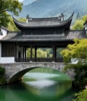  江南中式廊桥山水风景5864#竖屏 	 