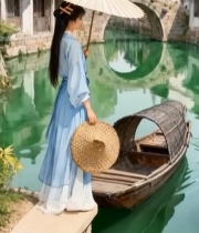  江南水乡汉服女子持伞立舟旁2669#竖屏 	 