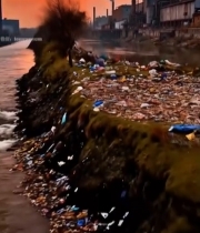  河边工厂烟囱排烟及垃圾堆放52#竖屏 	 