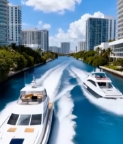  河道中双游艇穿行城市高楼间5197#竖屏 	 