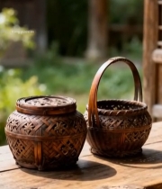  户外木桌上的竹编容器(1)6287#竖屏 	 