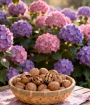  户外木桌竹篮内摆放的核桃5531#竖屏 	 