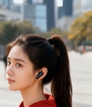  户外戴耳机的红衣女子3786#竖屏 	 