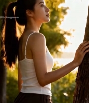  户外女子靠树享受阳光5195#竖屏 	 